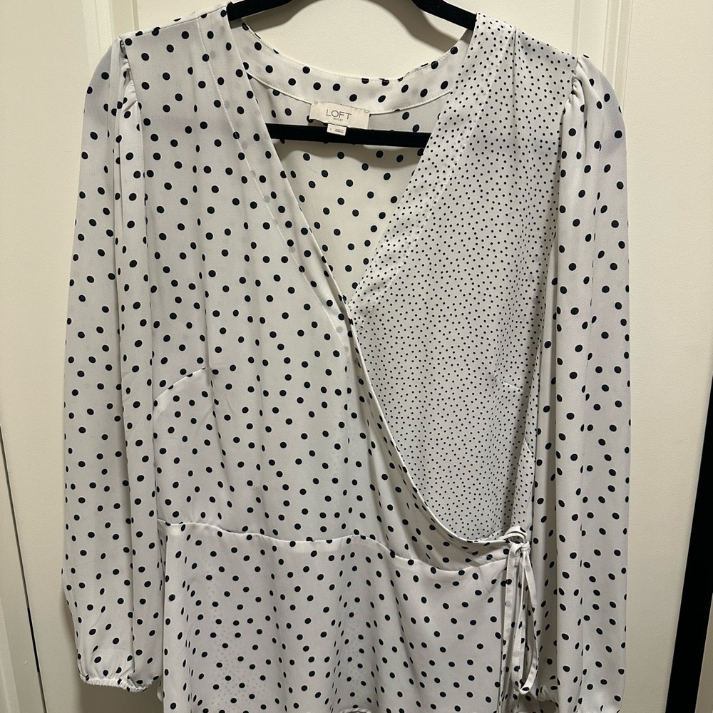 LOFT White and Black Polka Dot Wrap Blouse